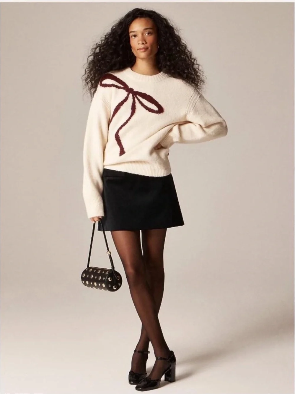 J. Crew Cream Crewneck Sweater with Burgundy Bow Detail